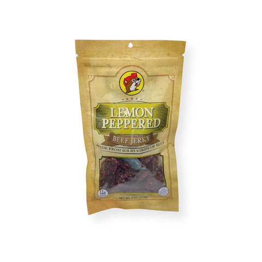 Buc-ee's Lemon Peppered Beef Jerky 4oz package front featuring iconic red beaver mascot logo, clear window showing dark seasoned jerky strips, and golden yellow resealable packaging
