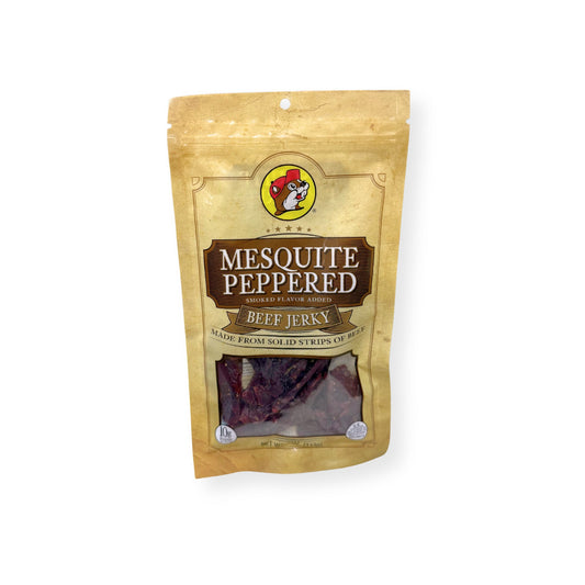 Buc-ee's Mesquite Peppered Beef Jerky 4oz package front featuring iconic red beaver mascot logo, clear window showing dark smoky jerky strips, and golden yellow resealable packaging