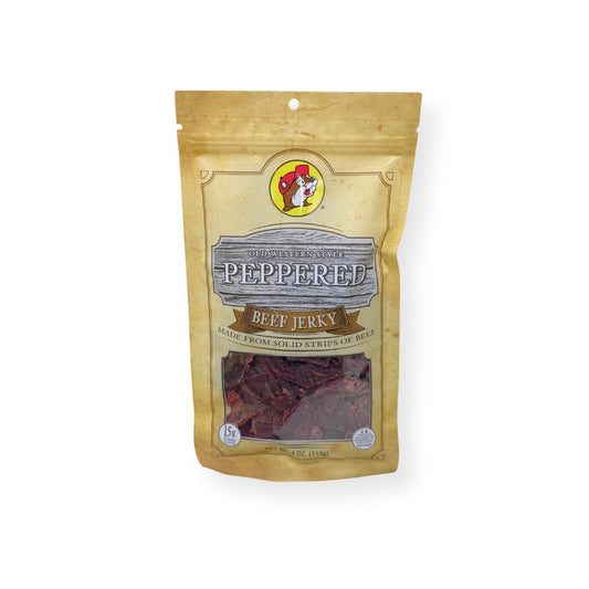 Buc-ee's Old Western Style Peppered Beef Jerky 4oz package front featuring iconic red beaver mascot logo, clear window showing dark peppered jerky strips, and golden yellow resealable packaging with rustic wood-grain label design