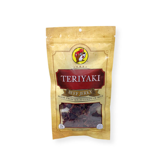 Buc-ee's Teriyaki Beef Jerky 4oz bag front view showing gold and red packaging with Buc-ee's beaver logo and sweet glazed beef jerky strips visible