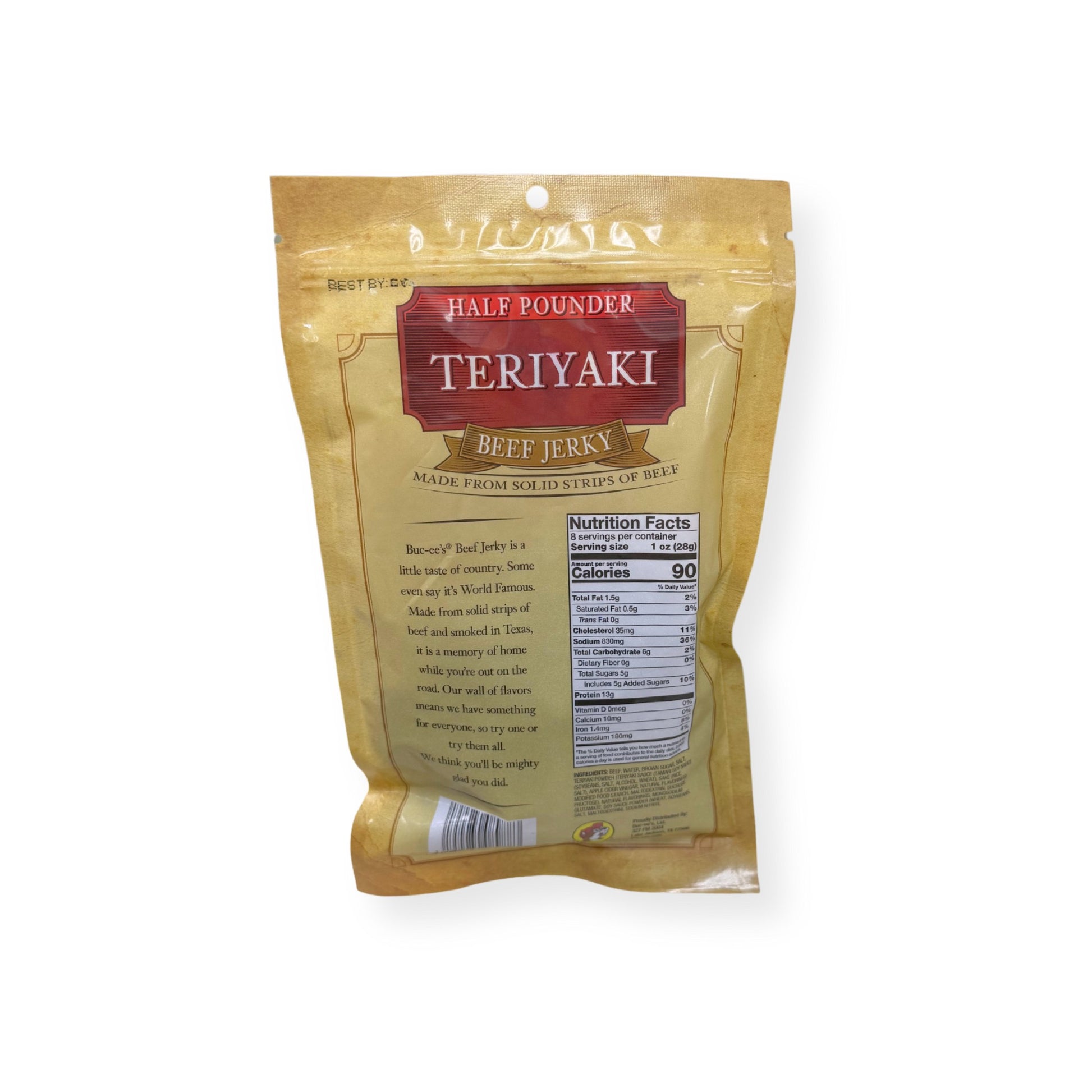 Buc-ee's Teriyaki Beef Jerky 8oz bag back view displaying nutrition facts label with 90 calories per serving and ingredient information