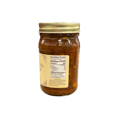 Buc-ee's Black Bean & Corn Salsa 14 oz mason jar side view showing nutrition facts label, chunky salsa with visible black beans and corn kernels, and golden yellow vintage-style labeling