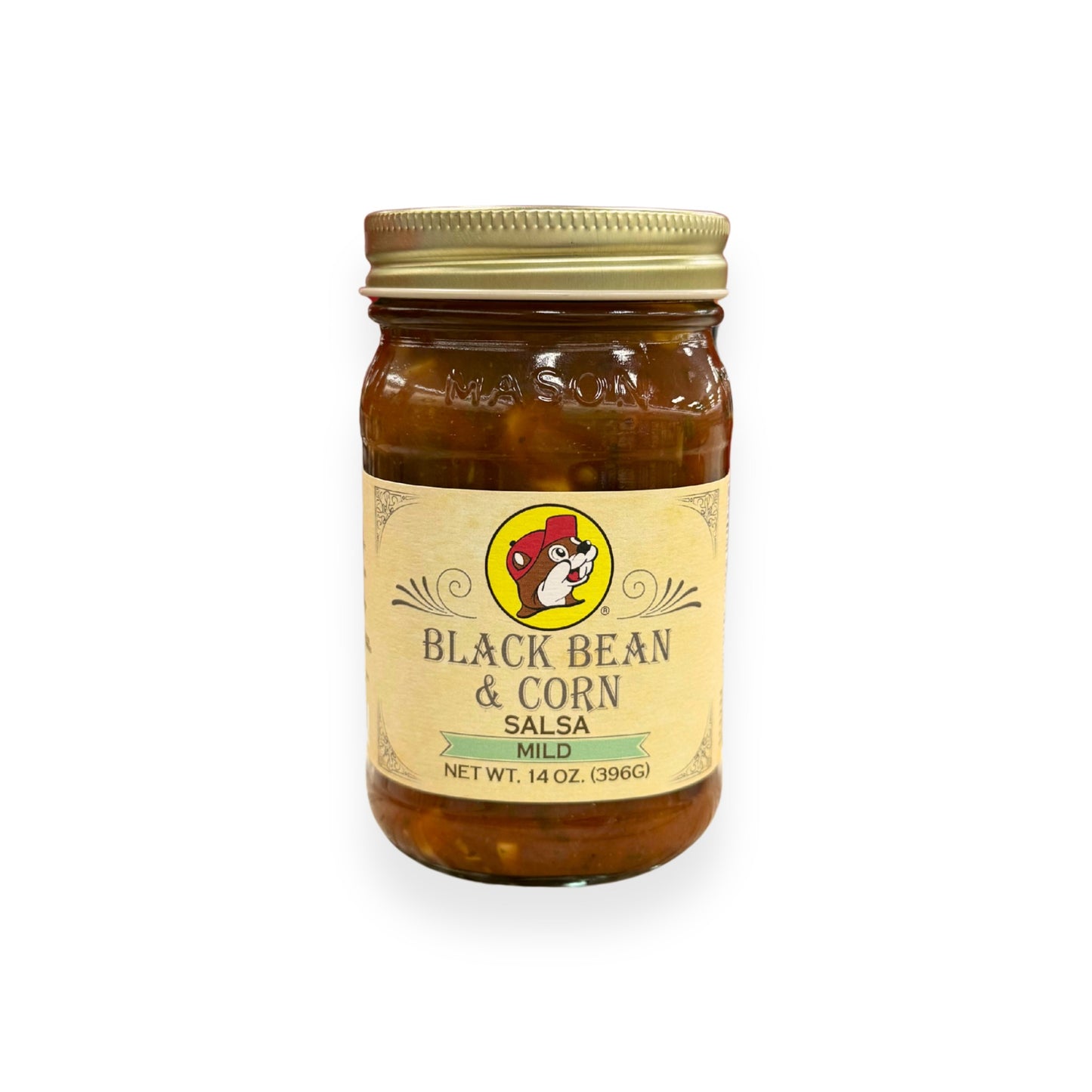 Buc-ee's Black Bean & Corn Salsa 14 oz mason jar front view featuring iconic red beaver mascot logo, ornate vintage-style label design, and "MILD" designation on classic mason jar