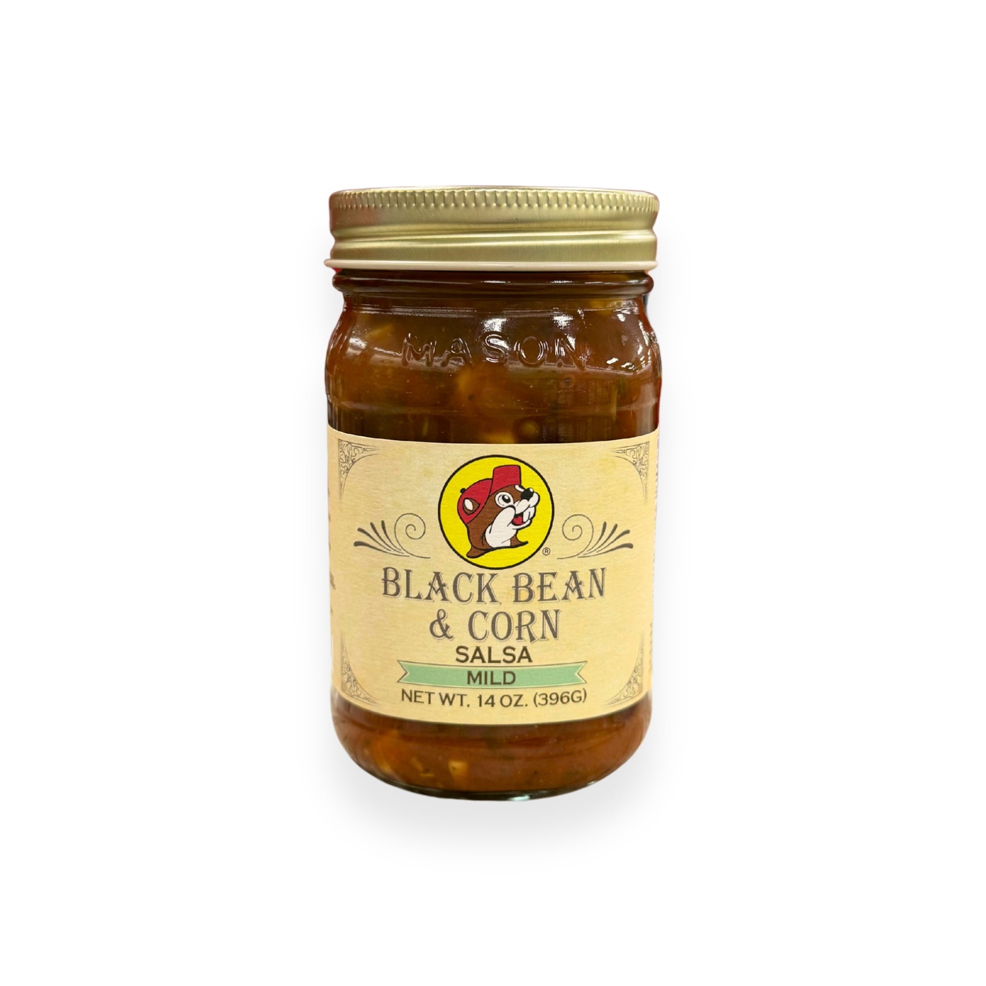 Buc-ee's Black Bean & Corn Salsa 14 oz mason jar front view featuring iconic red beaver mascot logo, ornate vintage-style label design, and "MILD" designation on classic mason jar