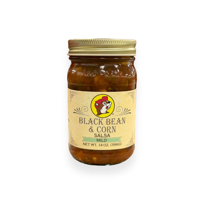 Buc-ee's Black Bean & Corn Salsa 14 oz mason jar front view featuring iconic red beaver mascot logo, ornate vintage-style label design, and "MILD" designation on classic mason jar