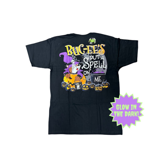 Back view of black Buc-ee's Halloween 2025 t-shirt showing 'Put a Spell on Me' design with witch beaver, cauldron, and jack-o'-lanterns, featuring glow-in-the-dark starburst