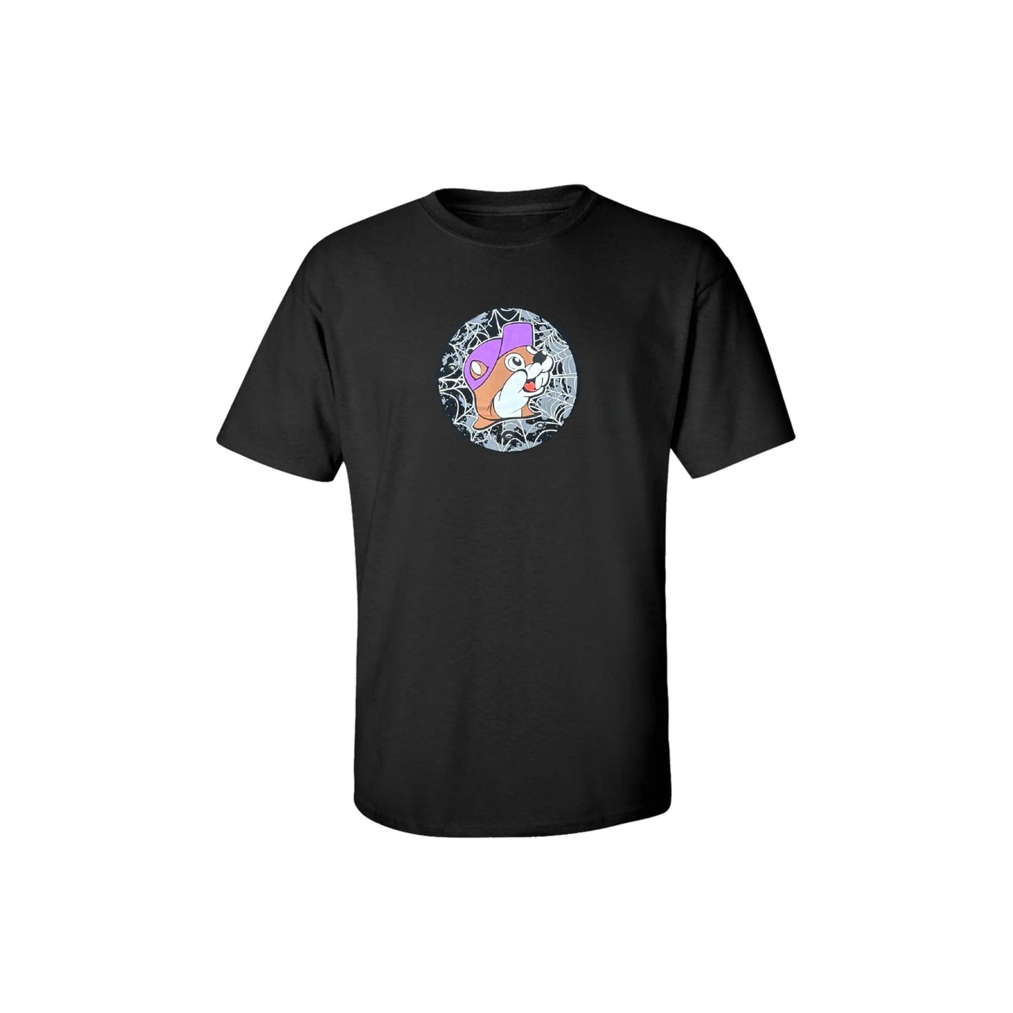 Front view of black Buc-ee's Halloween t-shirt showing witch beaver logo in spider web circle with glow-in-the-dark starburst