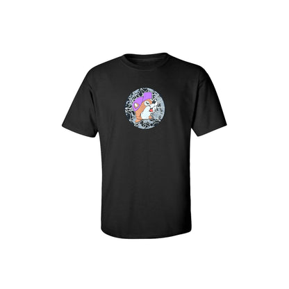 Front view of black Buc-ee's Halloween t-shirt showing witch beaver logo in spider web circle with glow-in-the-dark starburst