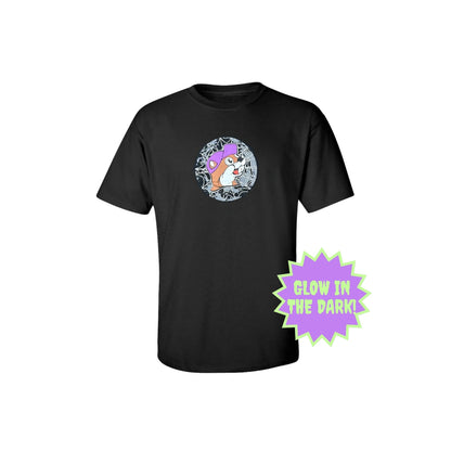 Black t-shirt with a graphic design and 'Glow in the Dark!' text on a white background