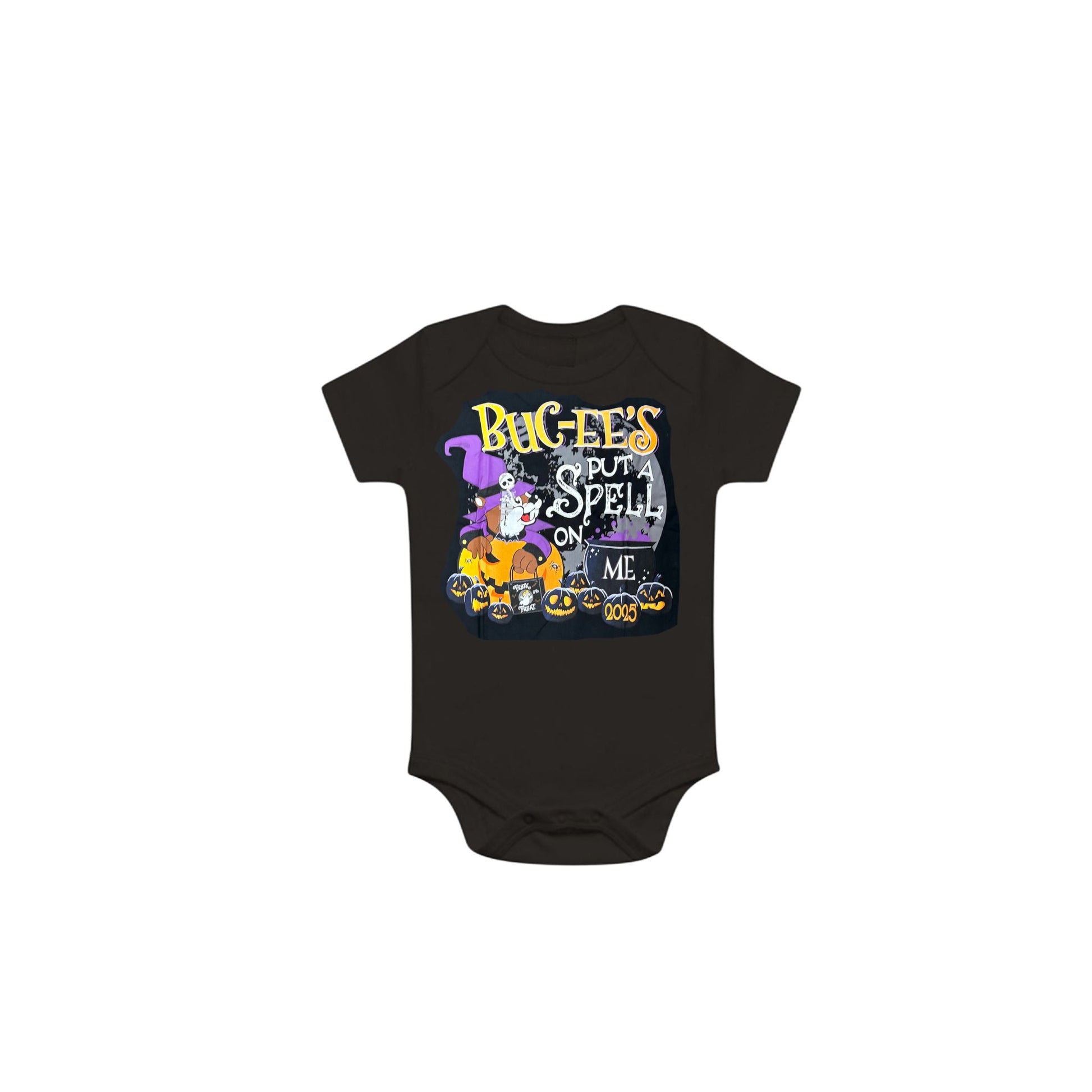 Black baby onesie with Halloween-themed design and text on a white background