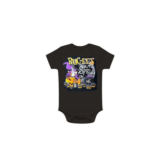Black baby onesie with Halloween-themed design and text on a white background