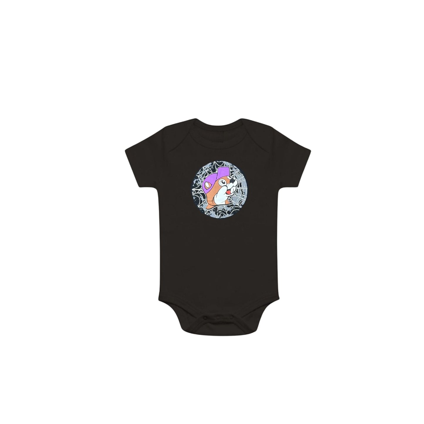 Black Buc-ee's Halloween infant onesie with witch beaver logo in spider web circle design, featuring glow-in-the-dark starburst and snap closure