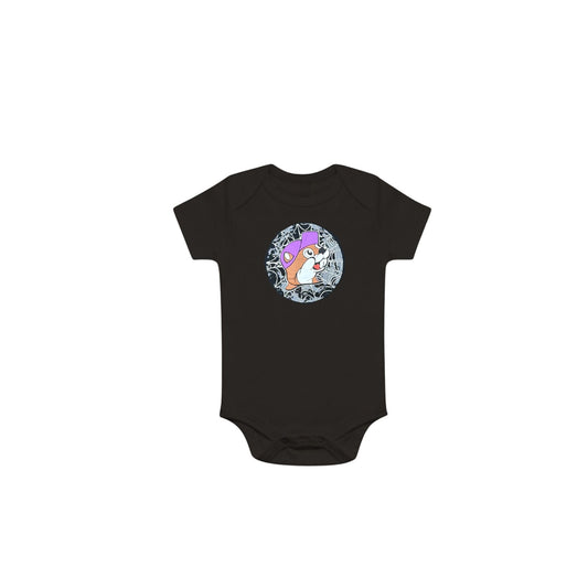 Black Buc-ee's Halloween infant onesie with witch beaver logo in spider web circle design, featuring glow-in-the-dark starburst and snap closure