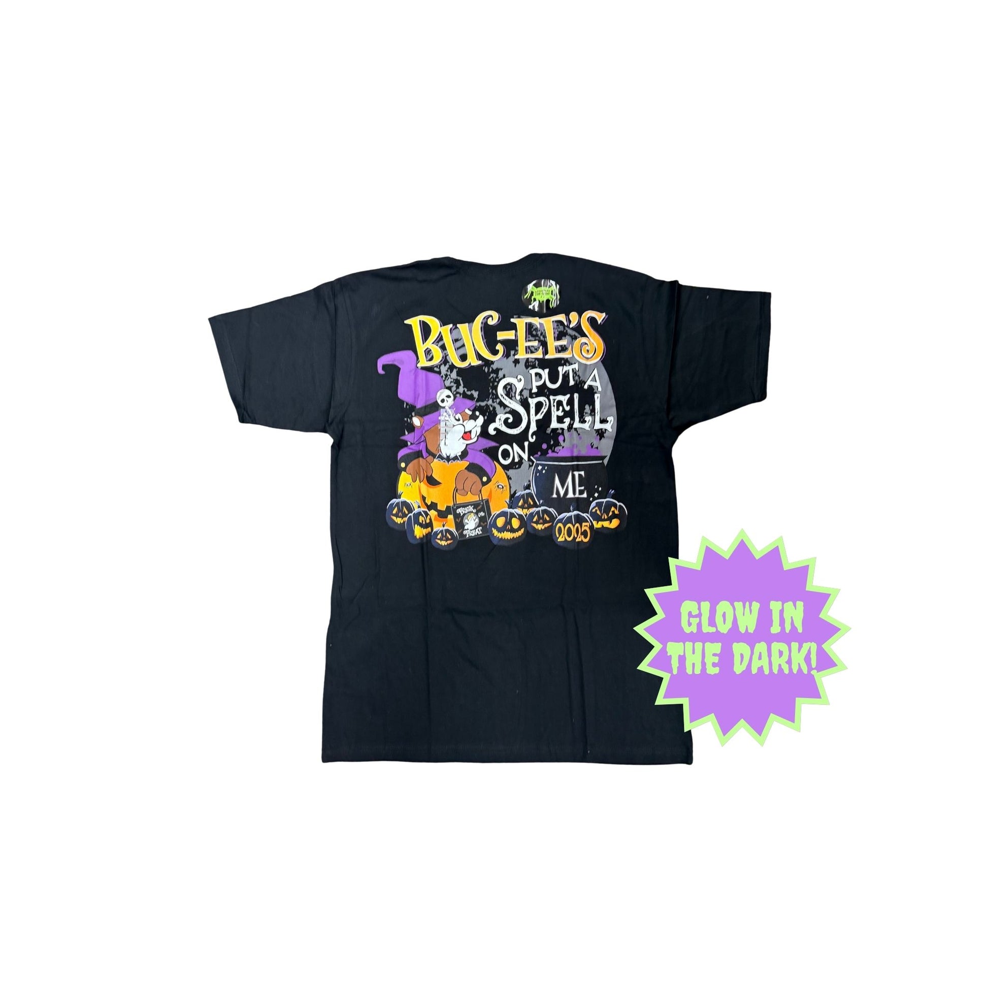 Back view of youth size black Buc-ee's Halloween t-shirt showing 'Put a Spell on Me' design with witch beaver and Halloween scene, featuring glow-in-the-dark starburst