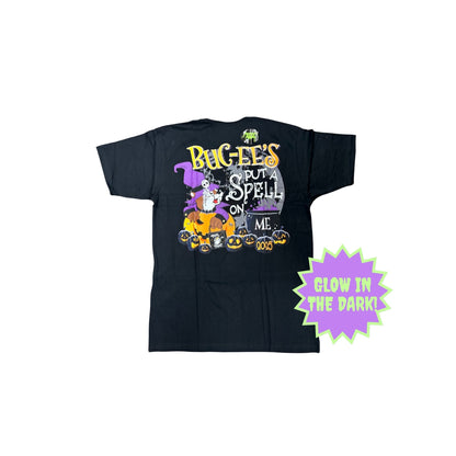 Back view of youth size black Buc-ee's Halloween t-shirt showing 'Put a Spell on Me' design with witch beaver and Halloween scene, featuring glow-in-the-dark starburst