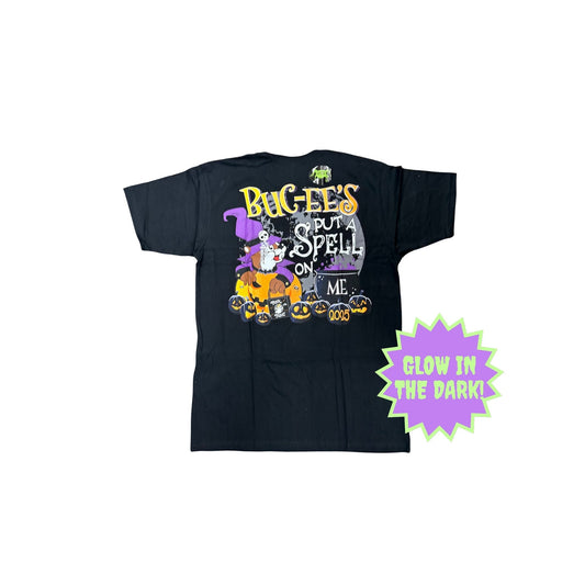 Back view of youth size black Buc-ee's Halloween t-shirt showing 'Put a Spell on Me' design with witch beaver and Halloween scene, featuring glow-in-the-dark starburst
