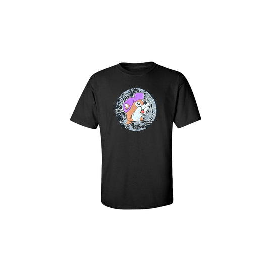 Front view of youth Buc-ee's Halloween t-shirt showing witch beaver in spider web circle design with glow-in-the-dark starburst