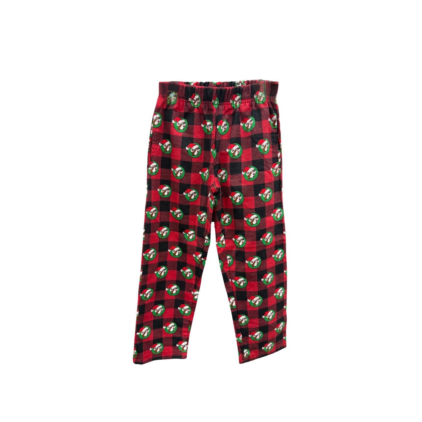 Buc-ee's Christmas pajama pants in red and black buffalo plaid pattern with repeating Santa beaver in green wreath circles, drawstring waistband
