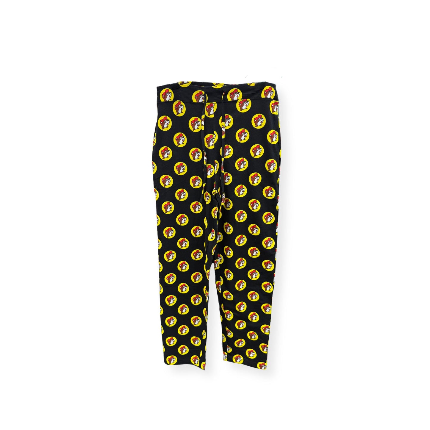 Black Buc-ee's pajama pants with all-over repeating yellow circle logo pattern, elastic waistband, unisex loungewear design