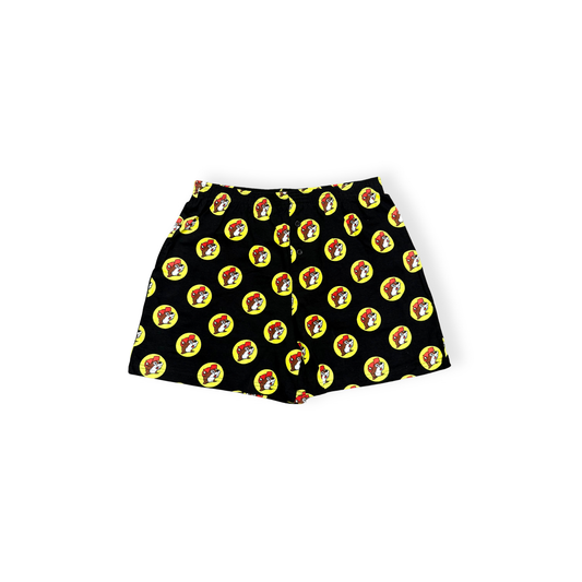 Black Buc-ee's boxer shorts with repeating yellow circle Bucky beaver logo pattern, classic relaxed fit loungewear with elastic waistband