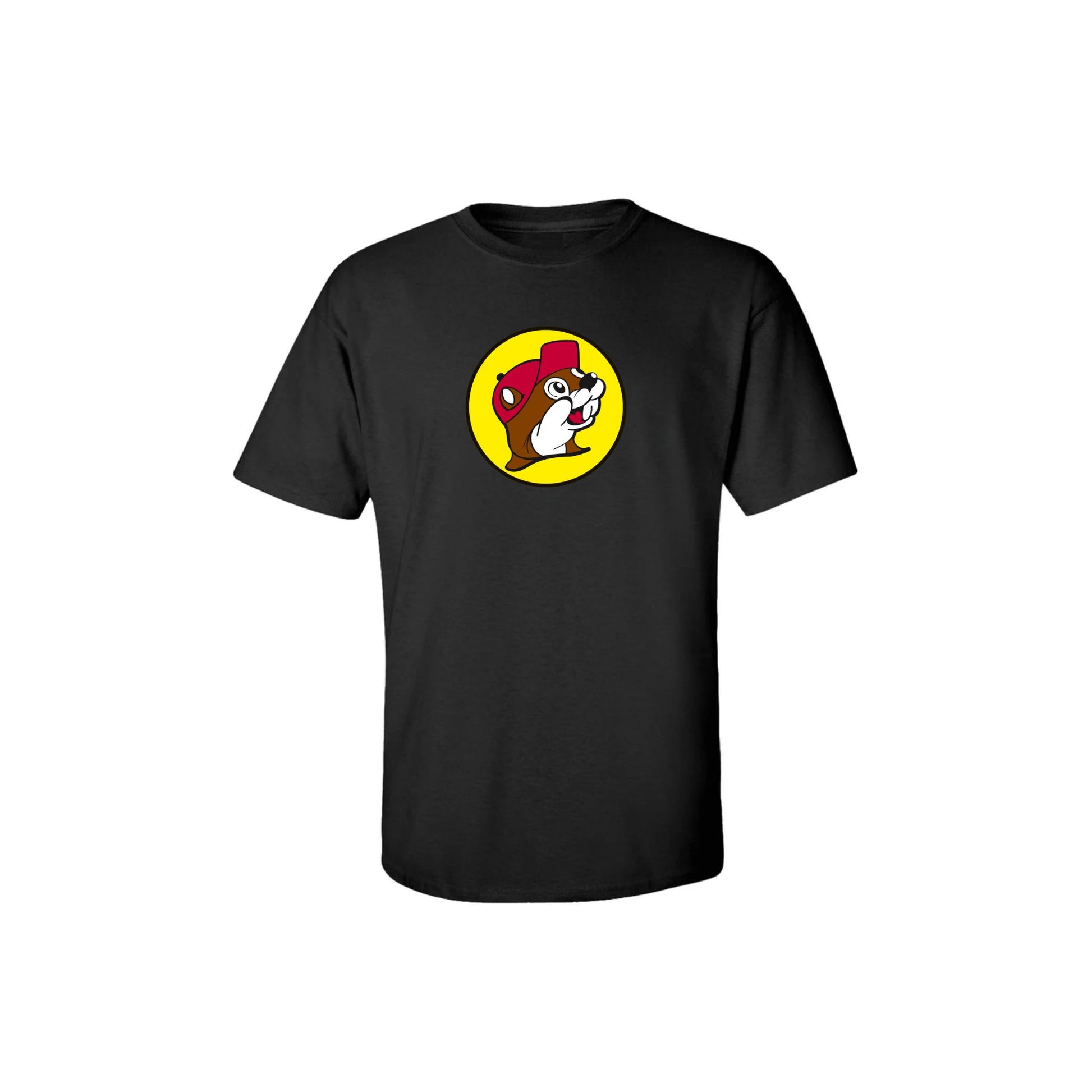 Black Buc-ee's t-shirt with iconic yellow circle logo featuring beaver in red cap on center chest, classic unisex design