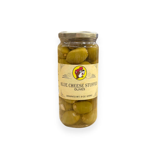 Buc-ee's Blue Cheese Stuffed Olives 9 oz glass jar front view featuring iconic red beaver mascot logo, ornate vintage-style label design, and clear view of blue cheese-stuffed green olives
