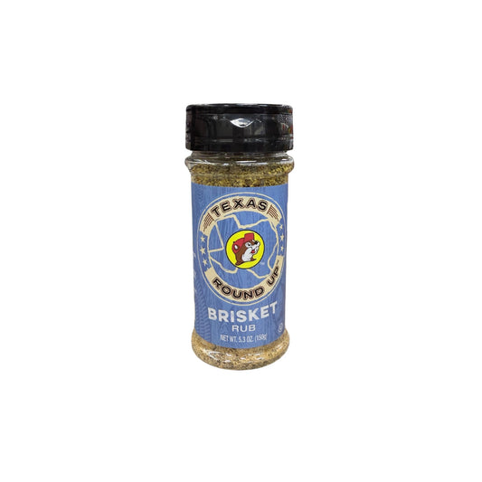 Buc-ee's Texas Round Up Brisket Rub 5.3 oz shaker container front view featuring blue label with Texas state outline, beaver mascot logo, "TEXAS ROUND UP" and "BRISKET RUB" text with BBQ-themed design and black shaker top