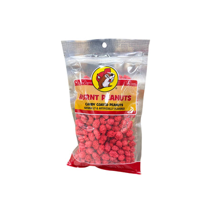 Buc-ee's burnt peanuts bag showing bright red candy-coated peanuts with Bucky logo on yellow and red label, resealable packaging