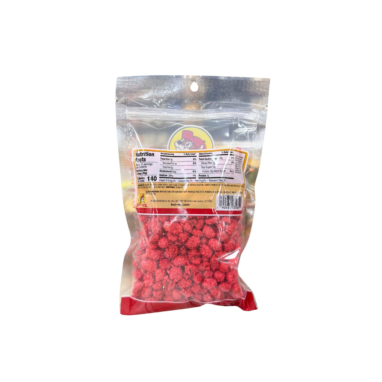 Buc-ee's burnt peanuts bag back showing nutrition facts and red candy-coated peanuts visible through clear packaging