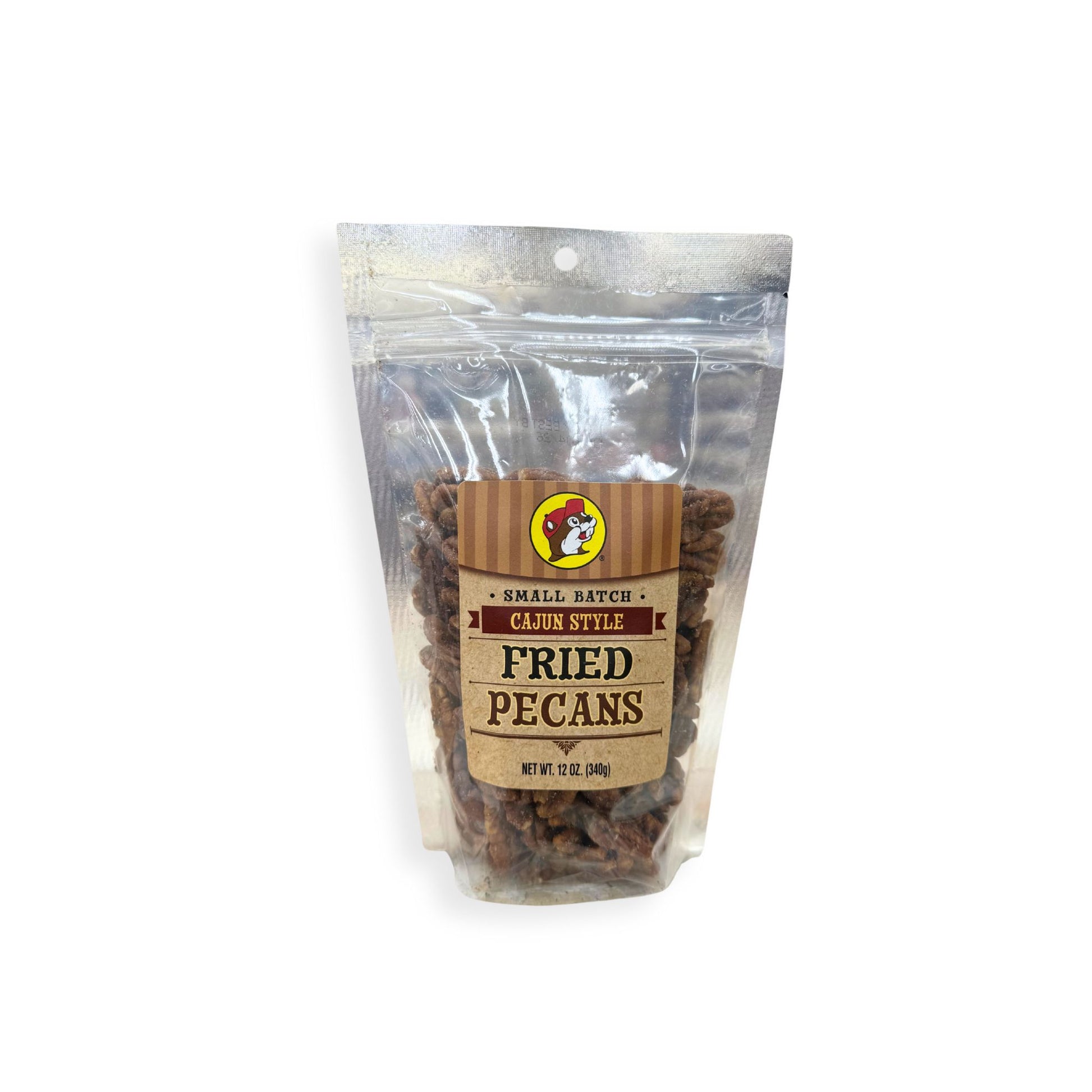 Buc-ee's small batch Cajun fried pecans front label with striped brown design, Bucky beaver logo, spicy fried pecans in resealable bag