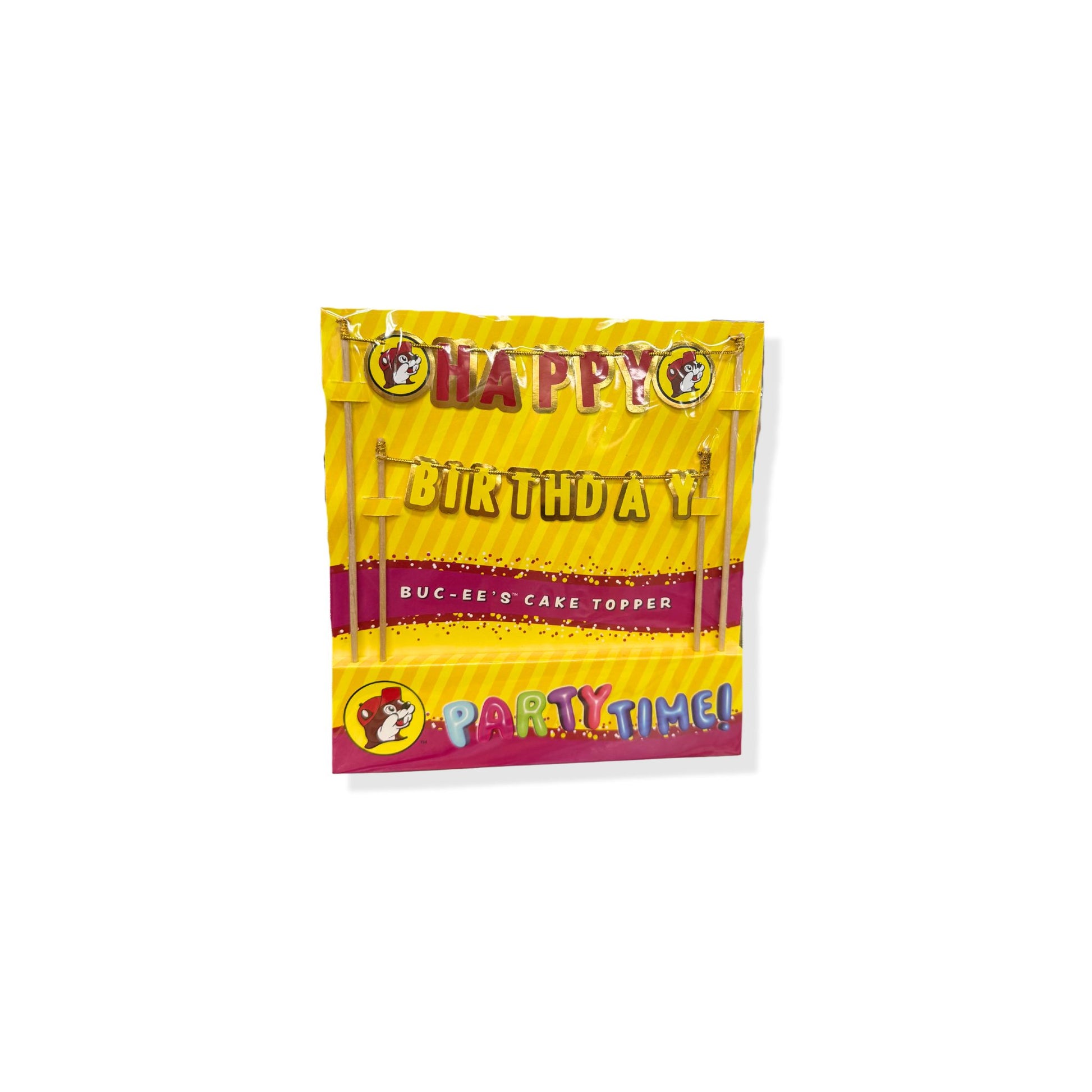 Buc-ee's Happy Birthday cake topper in yellow and red metallic finish with Bucky beaver logos, banner-style design in Party Time packaging