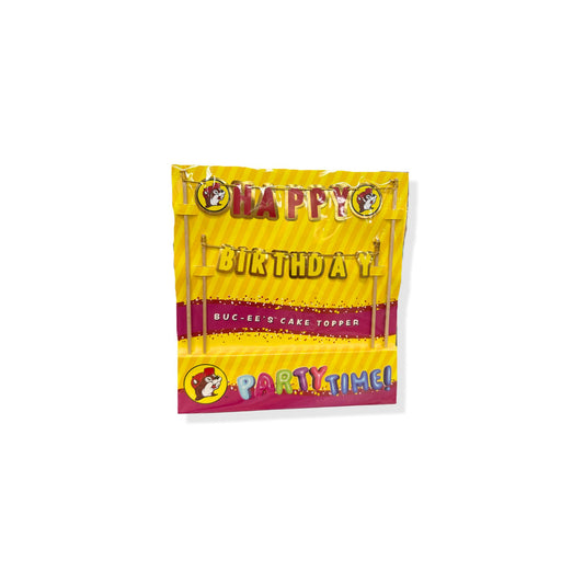 Buc-ee's Happy Birthday cake topper in yellow and red metallic finish with Bucky beaver logos, banner-style design in Party Time packaging