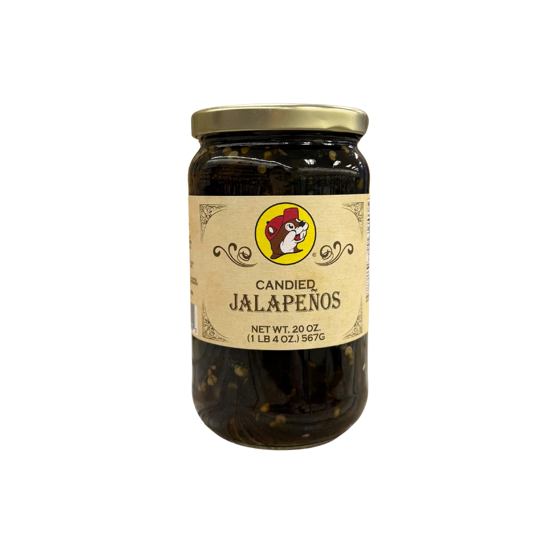 Buc-ee's Candied Jalapeños 20 oz glass jar front view featuring iconic red beaver mascot logo, ornate vintage-style label design, and clear view of dark candied jalapeño slices