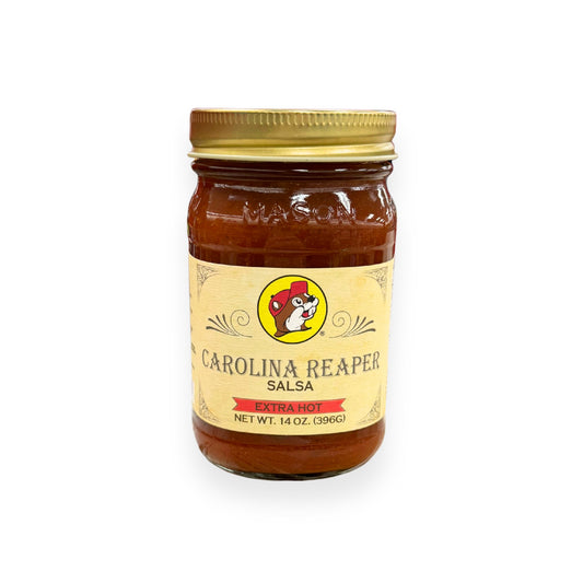 Buc-ee's Carolina Reaper Salsa 14 oz mason jar front view featuring iconic red beaver mascot logo, bold "EXTRA HOT" warning label, and classic mason jar styling