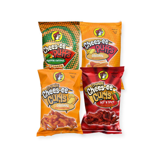 Buc-ee's Cheese-ee variety pack showing Original and Jalapeño Cheese-ee Puffs plus Original and Hot N Spicy Crunchy Cheese-ee Curls 2oz bags as complete bundle