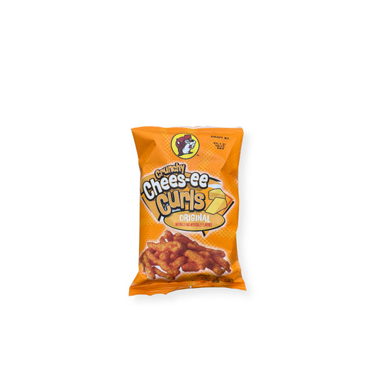 Buc-ee's Crunchy Cheese-ee Curls Original 2oz bag front view showing orange packaging with Buc-ee's beaver logo and twisted cheese curl snacks