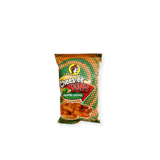 Buc-ee's Chees-ee Puffs Jalapeño Cheddar cheese puff snacks with orange and green retro packaging