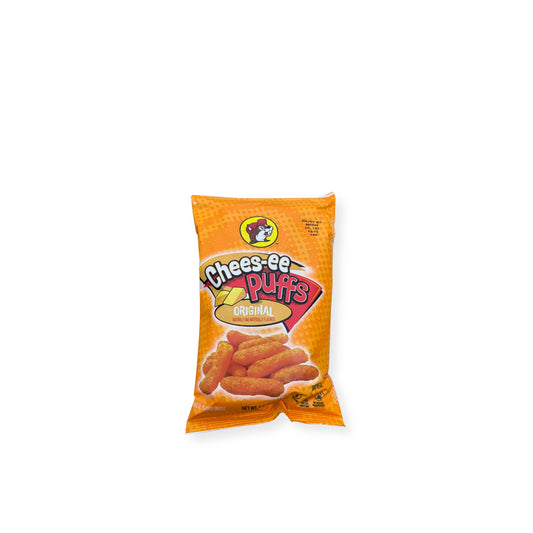 Buc-ee's Cheese-ee Puffs Original 2oz bag front view showing orange packaging with Buc-ee's beaver logo and classic cheese puff snacks