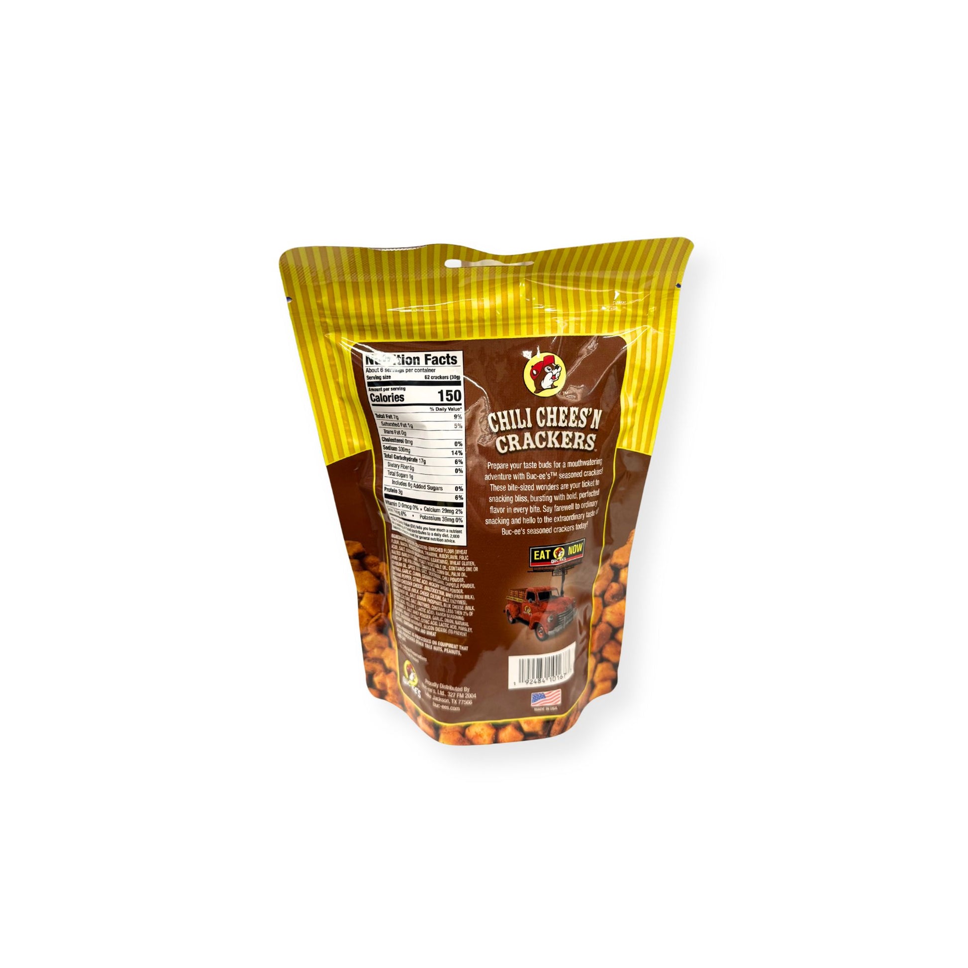 Buc-ee's Chili Chees'N Crackers 6 oz yellow and brown pouch back view showing detailed nutrition facts label with 150 calories per serving and chili cheese cracker product information
