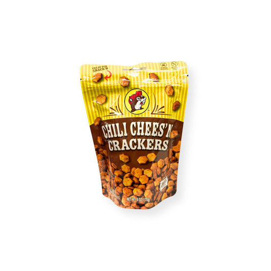 Buc-ee's Chili Chees'N Crackers 6 oz bright yellow and brown pouch front view featuring iconic red beaver mascot logo, "CHILI CHEES'N CRACKERS" text, and visible chili cheese-flavored crackers