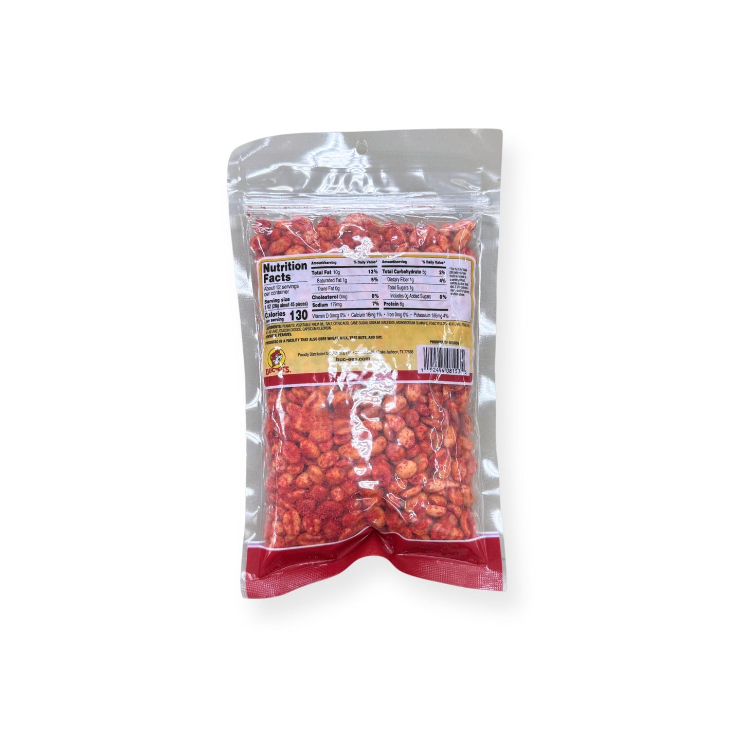 Buc-ee's Chili Lime Peanuts 12 oz clear plastic bag back view showing detailed nutrition facts label with 130 calories per serving and ingredient information