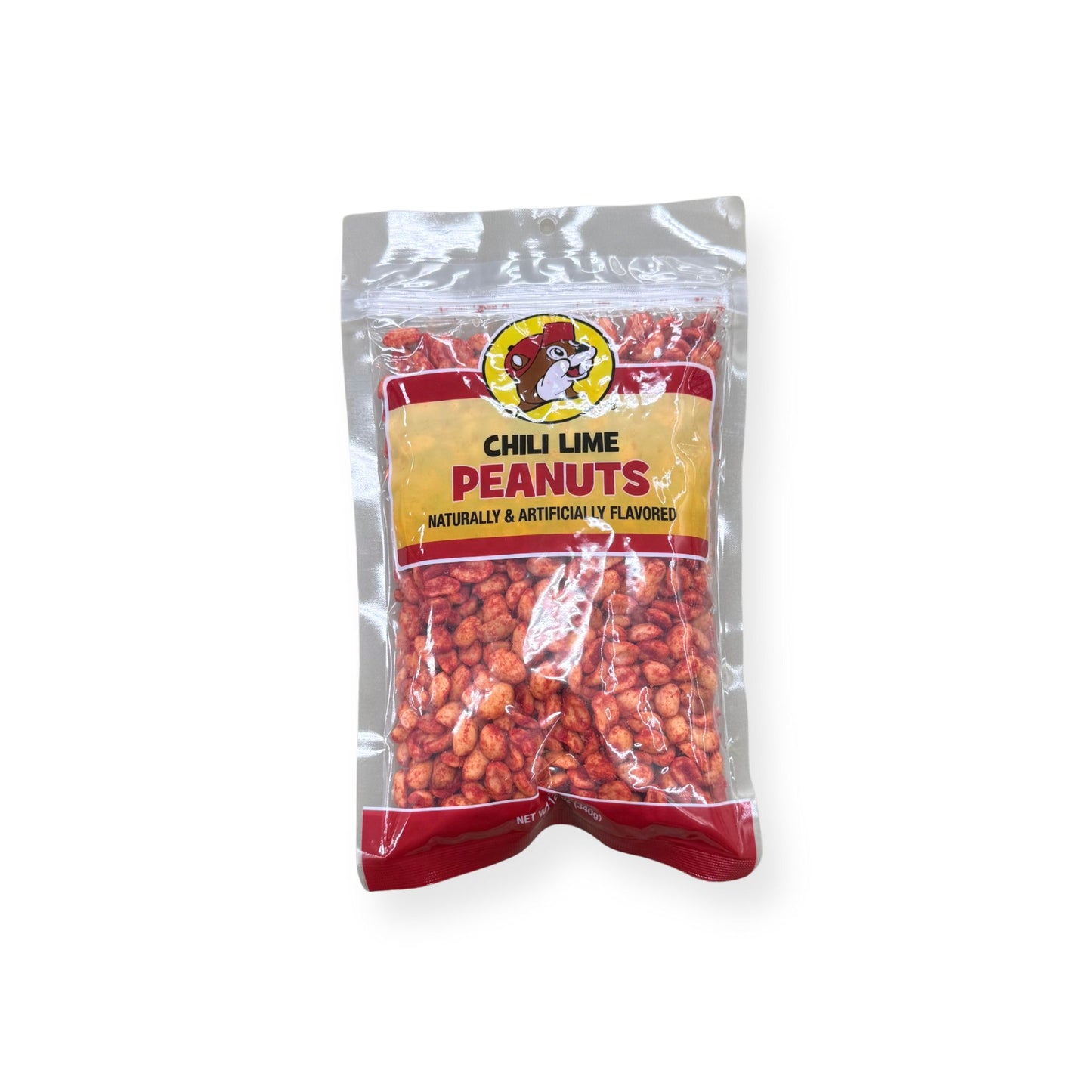 Buc-ee's Chili Lime Peanuts 12 oz clear plastic bag front view featuring iconic red beaver mascot logo, "CHILI LIME PEANUTS" text, and visible red-coated seasoned peanuts through clear packaging
