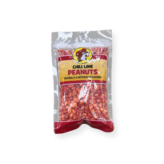 Buc-ee's Chili Lime Peanuts 12 oz clear plastic bag front view featuring iconic red beaver mascot logo, "CHILI LIME PEANUTS" text, and visible red-coated seasoned peanuts through clear packaging