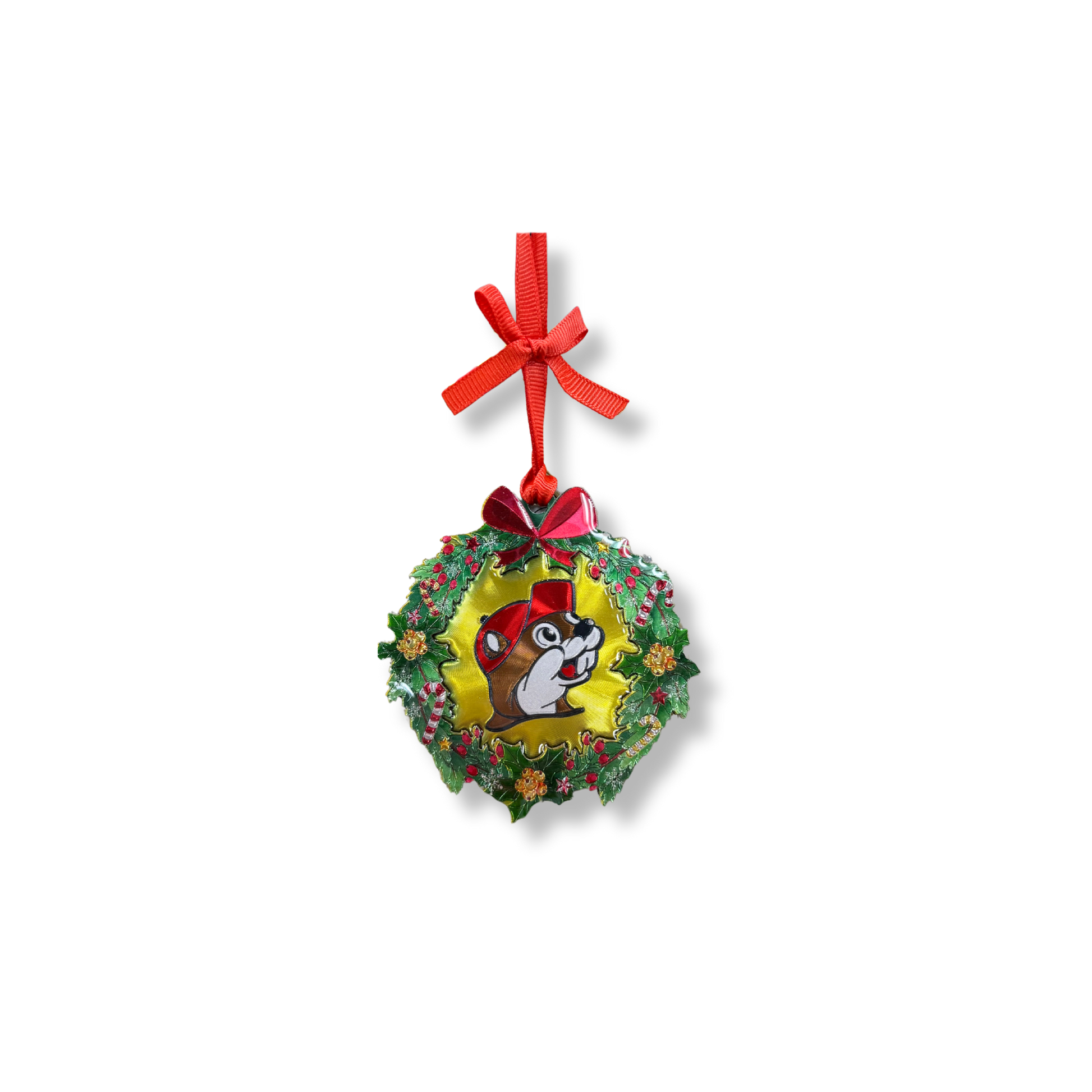 Buc-ee's Christmas wreath ornament featuring Santa Bucky beaver face in center of green wreath decorated with candy canes, gold ornaments, and red bow with ribbon hanger
