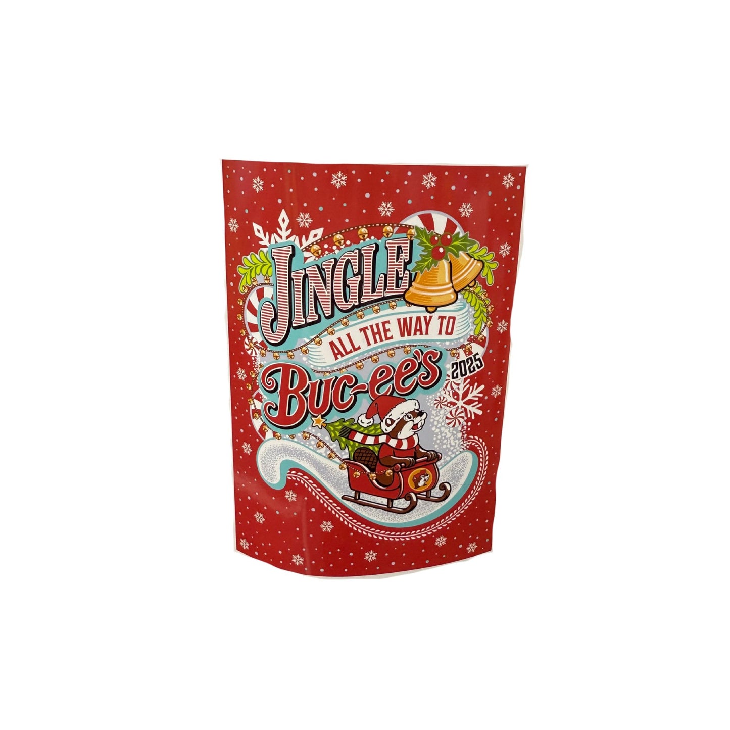 Buc-ee's Christmas 2025 blanket featuring 'Jingle All the Way to Buc-ee's' design with Santa beaver on sleigh surrounded by snowflakes and candy canes on red background