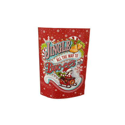 Buc-ee's Christmas 2025 blanket featuring 'Jingle All the Way to Buc-ee's' design with Santa beaver on sleigh surrounded by snowflakes and candy canes on red background