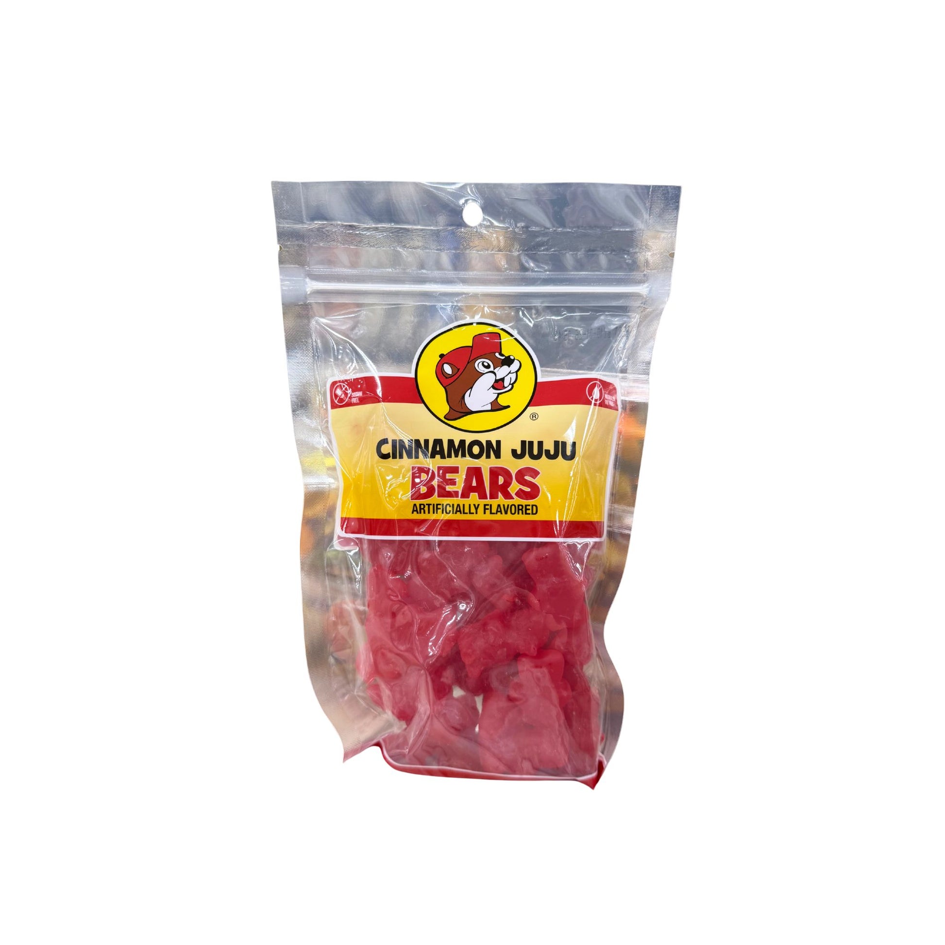 Buc-ee's cinnamon juju bears bag showing bright red gummy bears with Bucky logo on yellow and red label, spicy cinnamon flavor