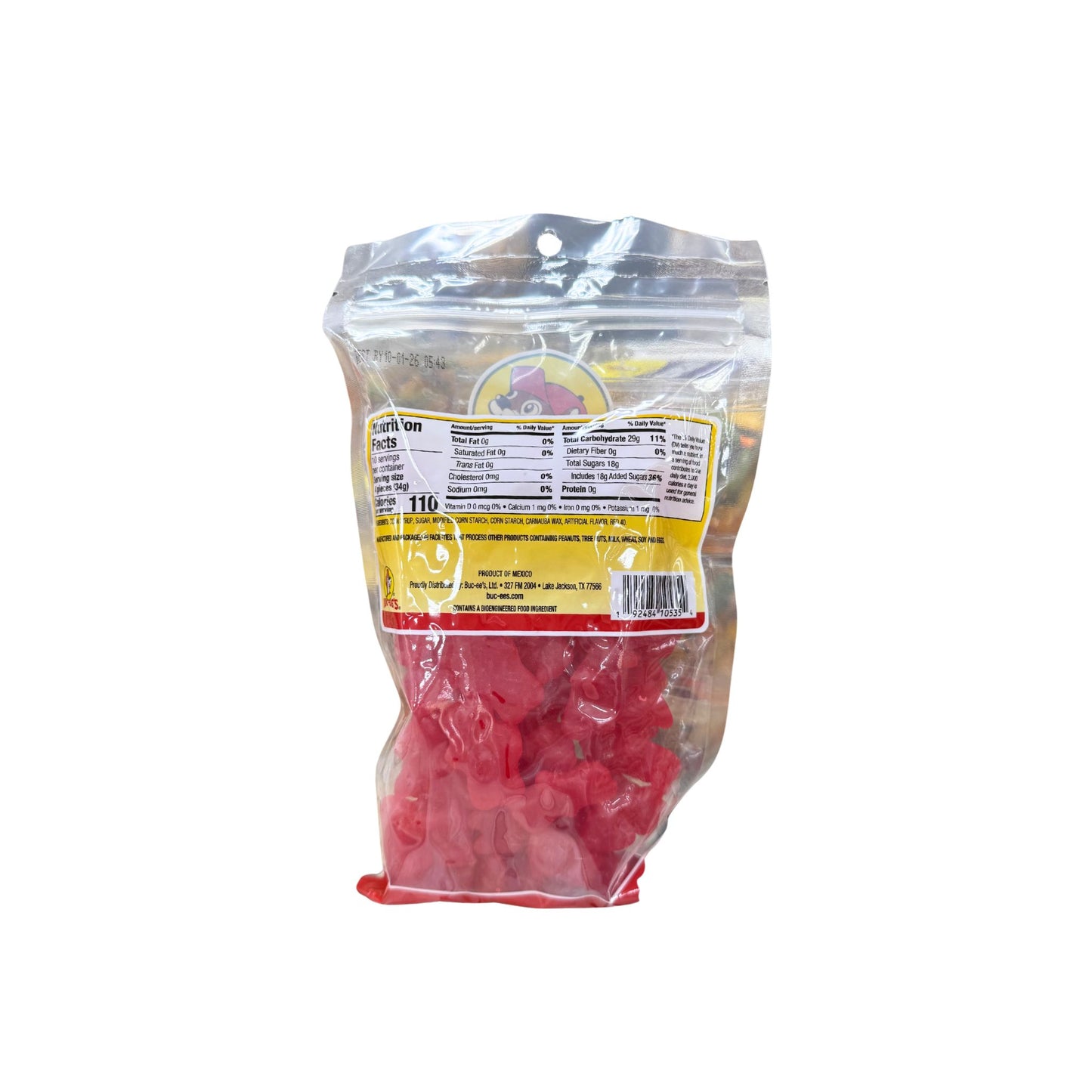 Buc-ee's cinnamon juju bears bag back showing nutrition facts and red translucent cinnamon-flavored gummy bears in resealable packaging
