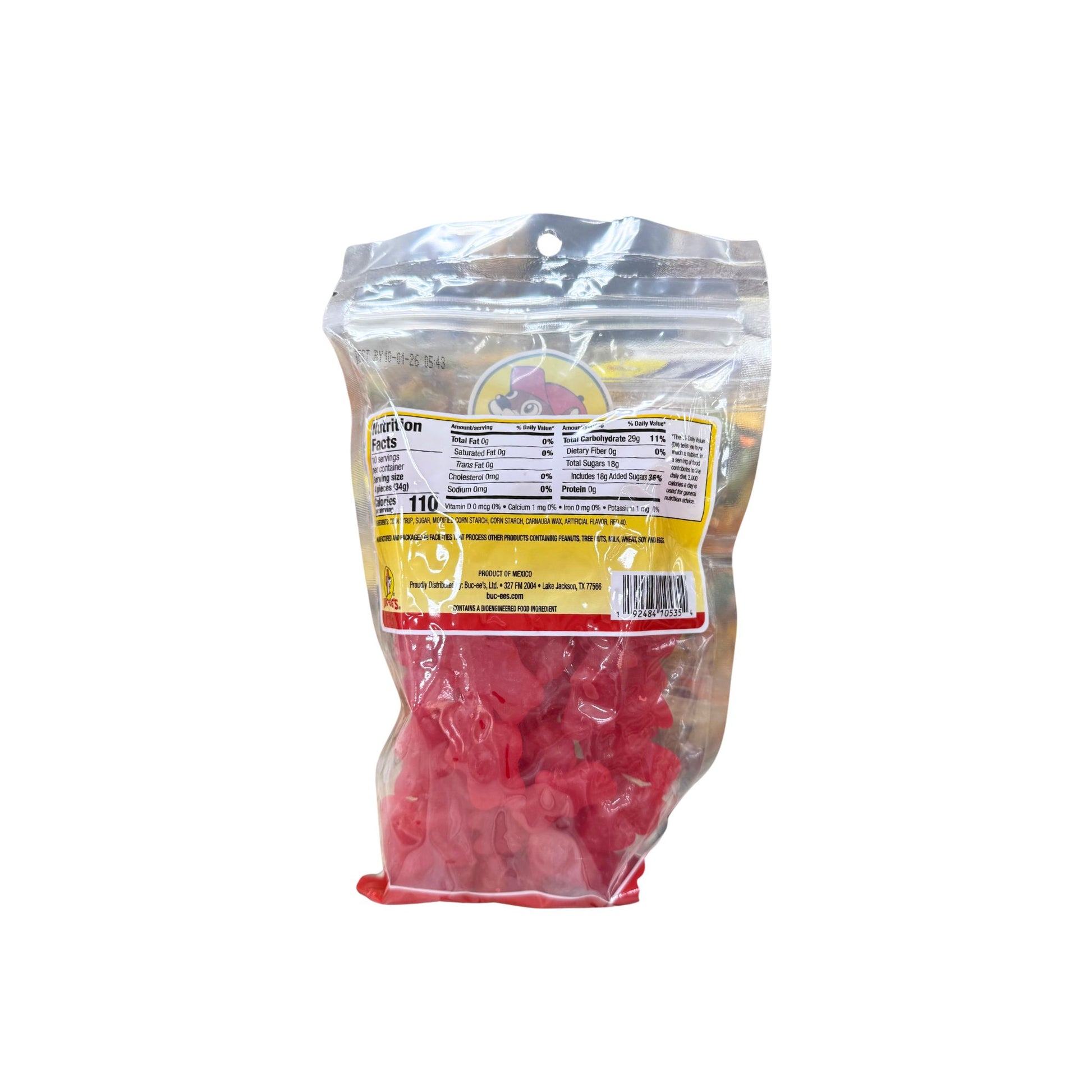 Buc-ee's cinnamon juju bears bag back showing nutrition facts and red translucent cinnamon-flavored gummy bears in resealable packaging