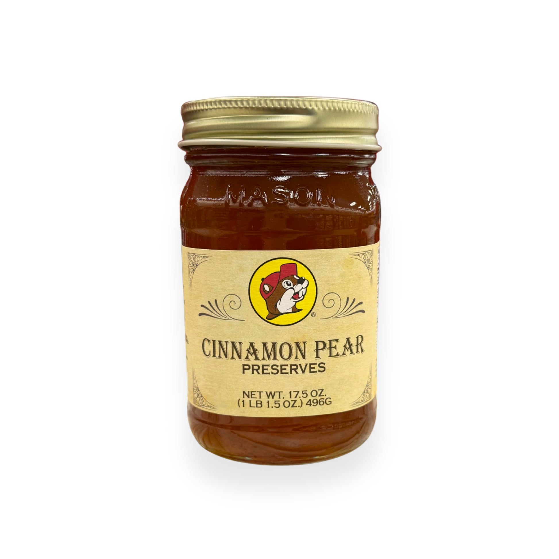 Buc-ee's Cinnamon Pear Preserves 17.5 oz mason jar front view featuring iconic red beaver mascot logo and classic mason jar styling with golden lid, showing net weight 1 lb 1.5 oz